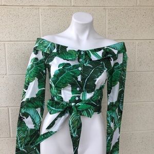 Green Leaf Print Off-Shoulder Blouse